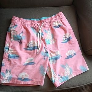 Goodfellow Men's Swim Trunks. Sz S. Peach w/ Aqua, Yellow & Blue Print.